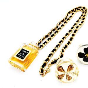 Auth CHANEL Necklace Chain w NO.5 Mini Bottle Perfume RARE OLD Chanel ring chain